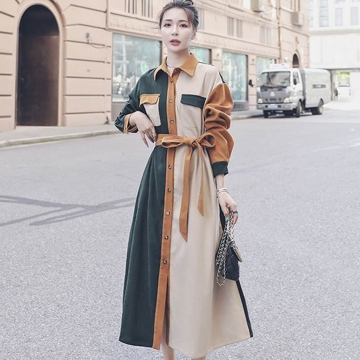 ワンピース シャツワンピース ロング丈 袖あり 長袖 襟付き ルーズ ポロカラー Aライン リボン