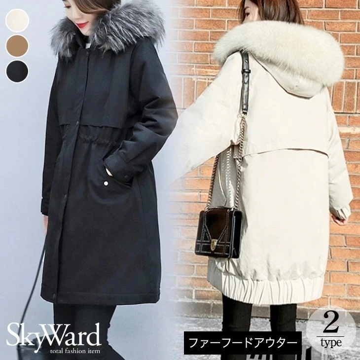 コート アウター 裏起毛 ミディアム丈 フード付き ファー 長袖 レディース 可愛い 流行 カジュアル 秋 冬 軽量 軽い 防寒 あったか ミモレ丈 ゆったり 大きめ モッズコート フリース フード