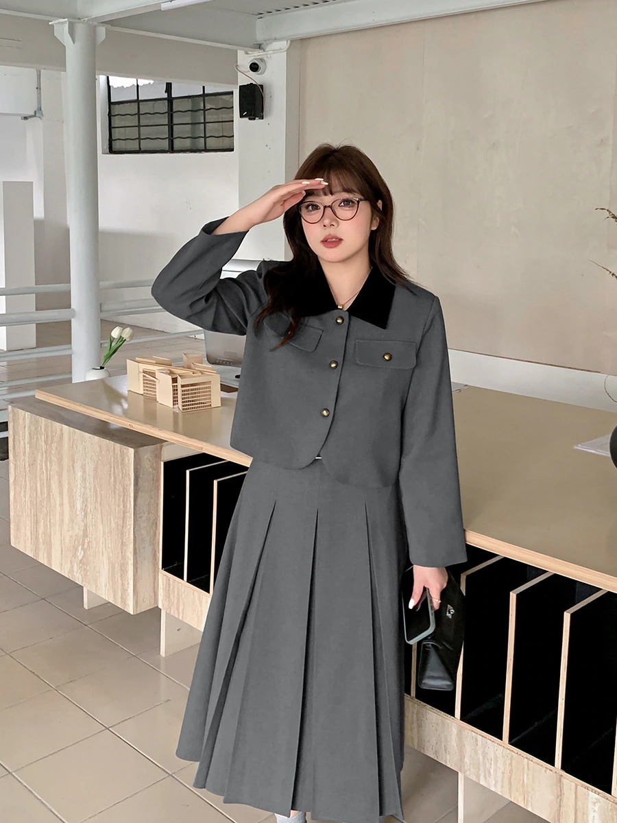 Hot!!!【ぽちゃまに】 春秋 英国風 上下セット トップス＋スカート 大きいサイズ 体型カバー レディース セットアップ メガ割