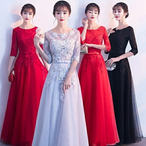 ドレス ロングドレス ロング パーティードレス 結婚式 袖あり ラウンドネック プリンセスライン スレンダーライン 5分袖 レース ミセス向けドレス 演奏会用ドレス ピアノ 発表会 フォーマルドレス