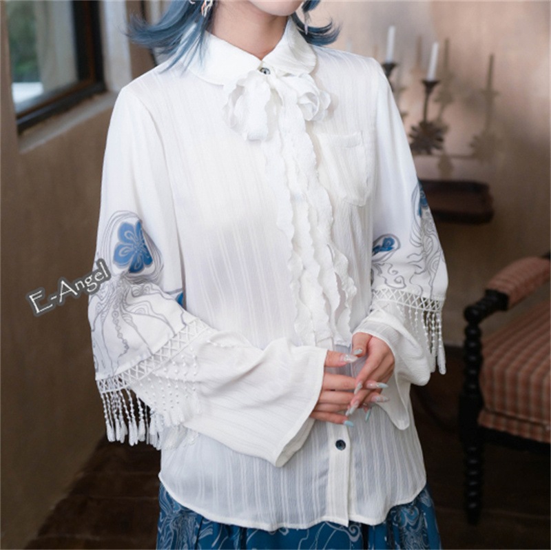 白シャツ チャイナ風シャツ ブラウス 長袖 レディース サテン トップス オリジナル 個性的ファッション ダブル袖 エレガント ダンス