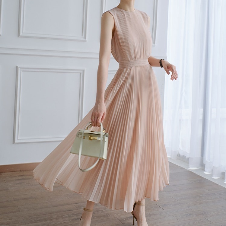 レディース ワンピース フレア プリーツスカート フレアスカート ロング 袖なし ノースリーブ クルーネック Iライン 切り替え スマート 裾ワイド フェミニン プリーツ ウエストマーク