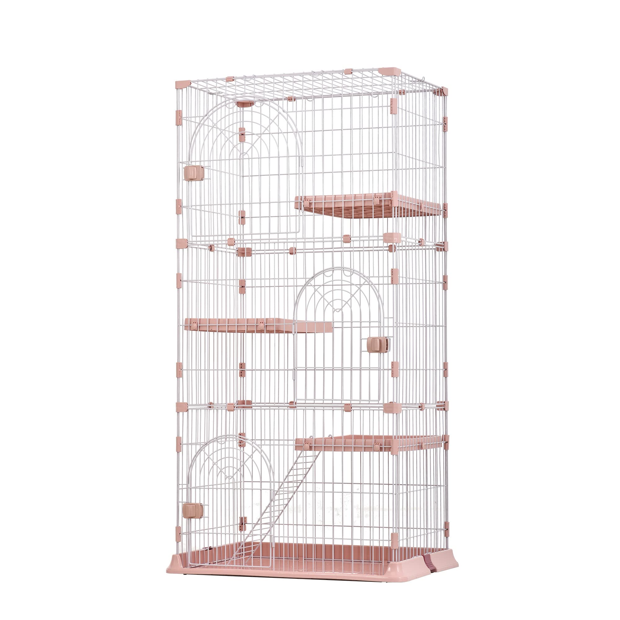 OSJ おしゃれ 猫 ケージ キャットケージ 3段 猫ゲージ おしゃれ キャットハウス ネコ ハウス 多段 留守番 保護 脱走防止 多頭飼いペットケージ【ピンク】