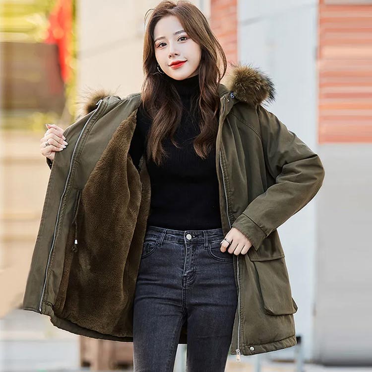 もこもこ 裏ボア 中綿コート フード付 モッズコート L カーキ