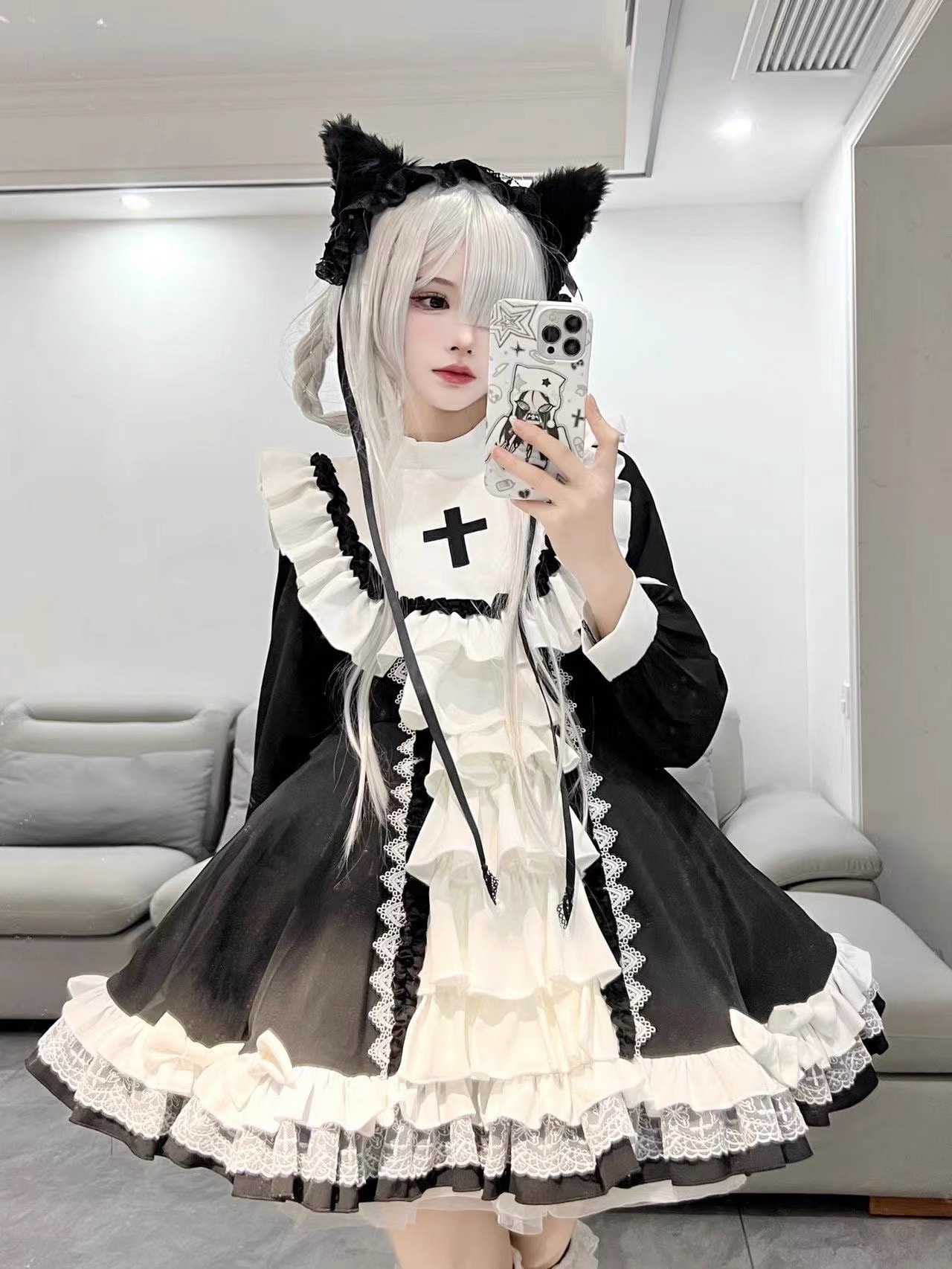 ハロウィン白黒ゴシック修道女ロリータ犬ショートドレスドレスロリータふわふわプリンセスドレスロールプレイング