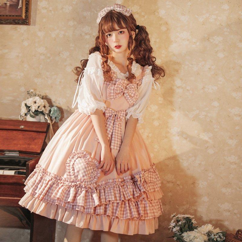 ロリータ 甘ロリ ピンク かわいい 清楚 姫 ハート柄 リボン ジャンパースカート ワンピース チェック柄