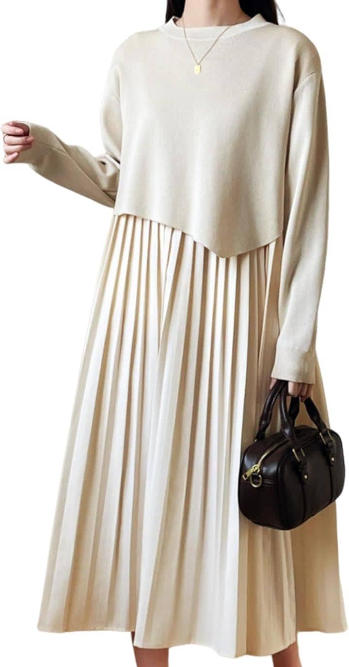 2点セット レディース ニット ワンピース 春 秋 ロング丈 カジュアル 白 大人ワンピース 5S-M04(オフホワイト, M)