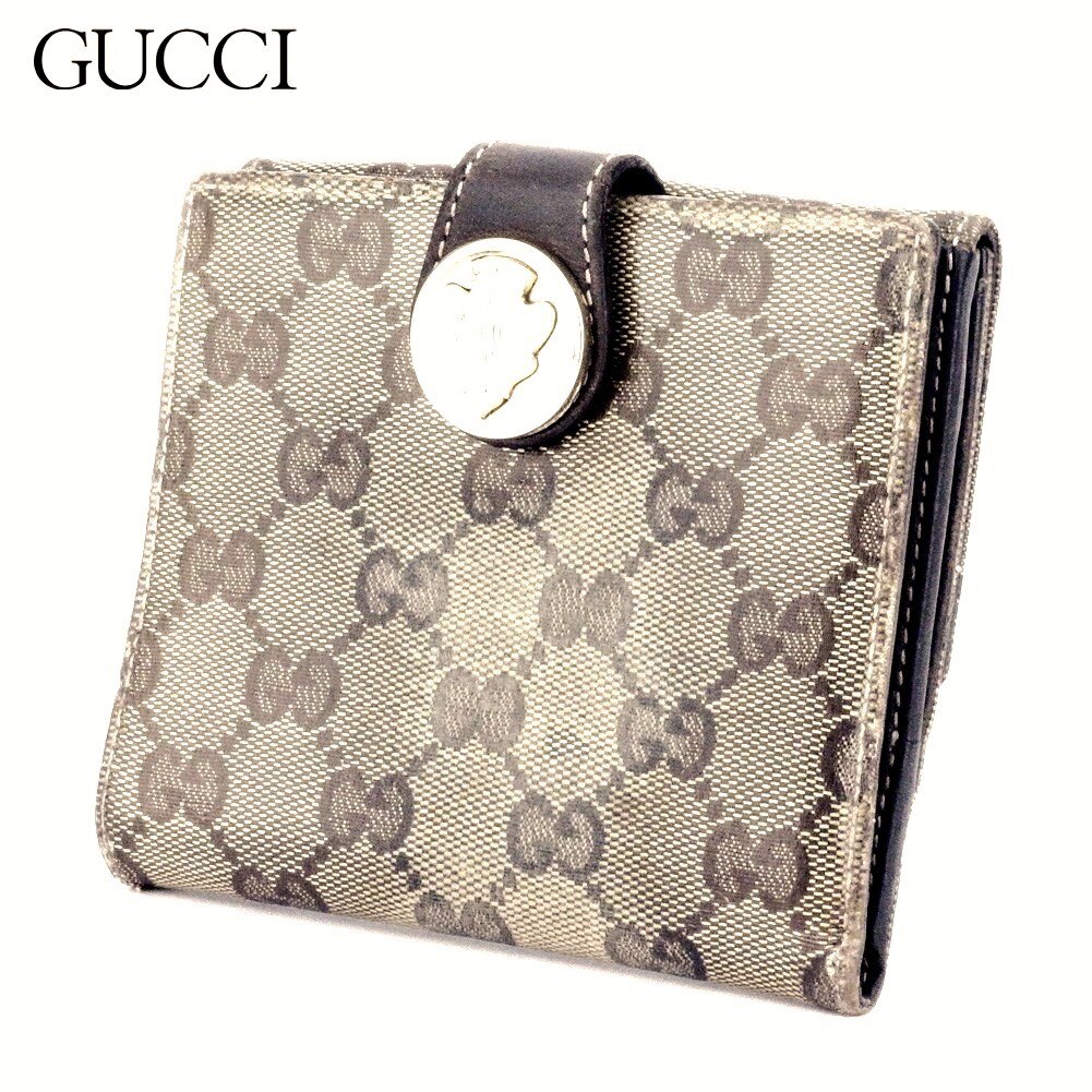 Wホック 財布 二つ折り GGクリスタル クレストディティール ベージュ ブラウン ゴールド 中古