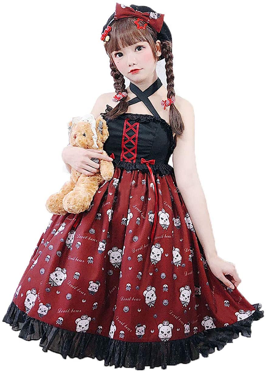ゴスロリ ワンピース ロリータ ハロウィン コスプレ 黒 赤 くま ホルターネック