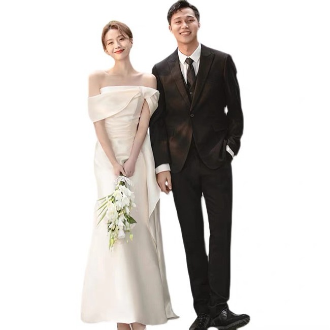 ホワイト オフショルダー ウェディングドレス　Aライン　ファスナータイプ　マキシ丈ロング丈　ロングドレス　スカート 　xs～l　Wedding Dress　お花嫁　結婚式　旅行撮影演出　レディースウ