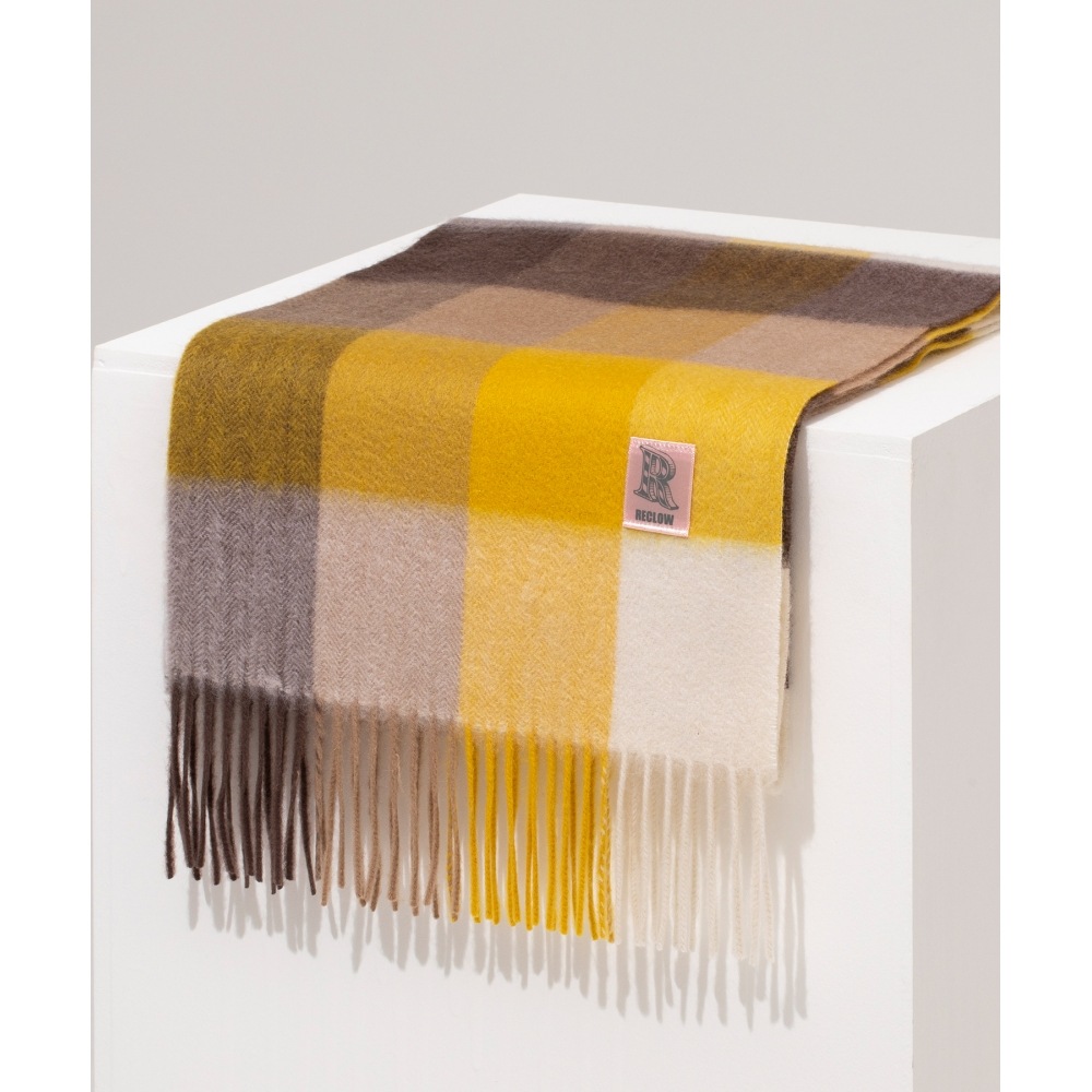 リクロウ RC ランド 100% カシミヤチェックマフラーイエロー