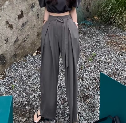 レディース パンツ ボトムス ワイドパンツ クロップド丈 フルレングス ワイド ストレート アシンメトリー スマート プリーツ ウエストマーク ウエストリボン ハイウエスト 大人可愛い シンプル