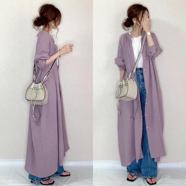 【女っぽさが漂う】 スタンドカラーギャザーラグランスモールパフスリーブロングカーディガン レディース 夏コーデ