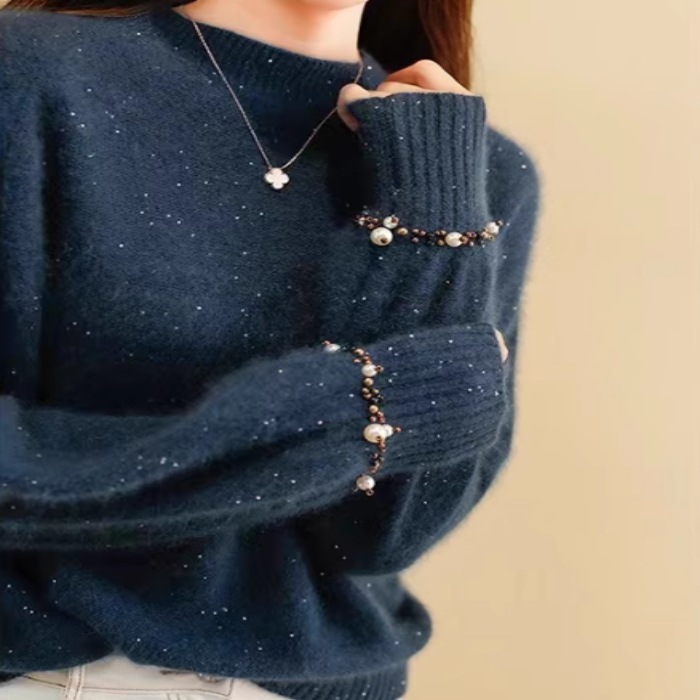 レディース トップス ニット セーター プルオーバー 長袖 ラウンドネック ふわふわ ふっくら 伸縮性 ビーズ かわいい 大人可愛い きれいめ シンプル カジュアル 上品 おしゃれ かっこいい レトロ