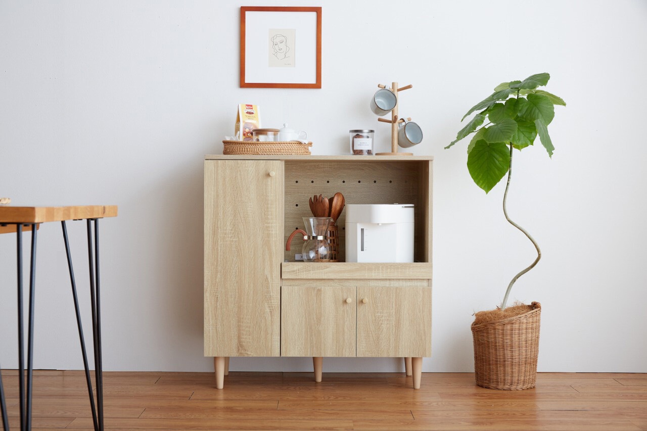ラック 食器棚 レンジ台 キッチン収納 カップボード おしゃれ 棚 扉付き ナチュラルモダン キャビネット
