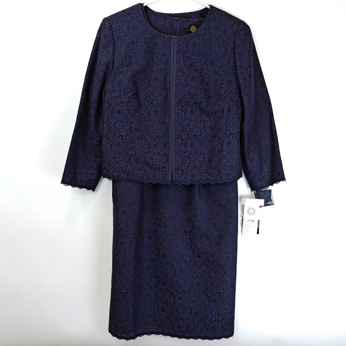 【中古・未使用品】[2点セット] TOKYO SOIR 東京ソワール レース ボンディング ジャケット ワンピース セットアップ フォーマル 9号 ネイビー レディース