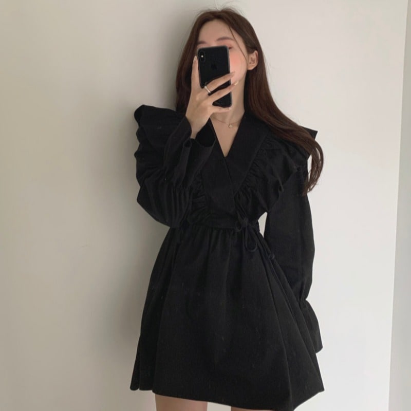 春秋フレンチ韓ハスリーフサイドストラップウエスト長袖ドレスレディースドレス ワンピース シャツワンピース ショート丈 長袖 Vネック xライン シフォン フリル ウエストマーク ウエストリボン
