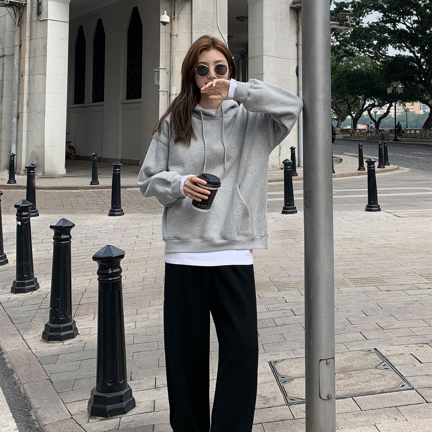 のフードコートの新作韓国版ゆったりフードカバー頭純色上着コート パーカー