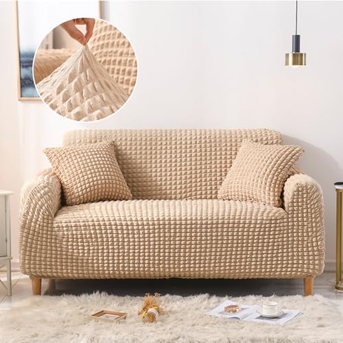 ソファカバー ソファーカバー マルチカバー 肘付き ストレッチ素材 伸縮性良く 柔らかい ふわふわ 北欧風デザイン ソファー保護 洗える 厚手 おしゃれ 優しい肌触り感 四季適用 (ベージュ, 3人掛