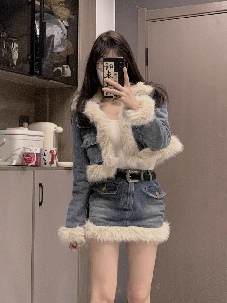 【2枚購入で200円 OFF！急速出荷】プラッシュデニムスーツスカートレディース冬ショートコートヒップカバースカート2点セット