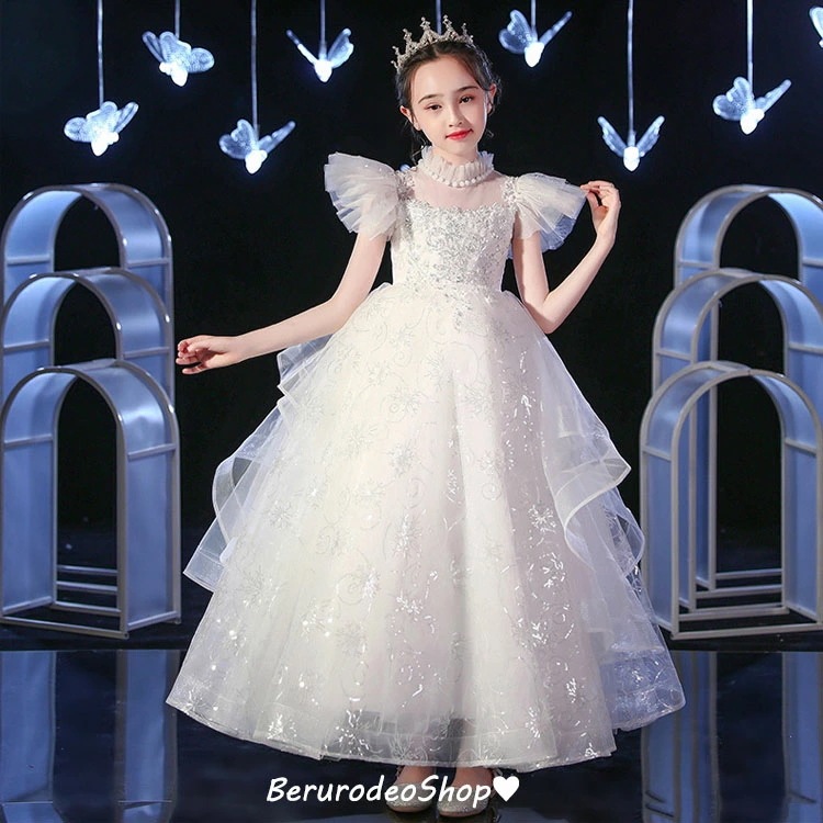 子供ドレス ピアノ発表会 ロングドレス 白 立ち襟 チュール ドレス 姫系 お姫様 女児ドレス 演奏会ドレス フォーマル スパンコール 素敵 キレイめ キッズドレス 子どもドレス 演出服 ステージドレ