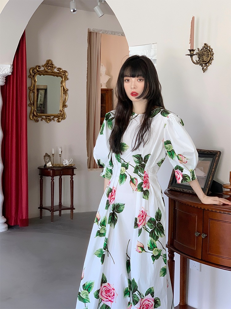 個性的 ワンピース シャツワンピース ミモレ ミモレ丈 ロング 袖あり 5分袖 五分袖 ボリューム袖 パフスリーブ ラウンドネック 襟なし Aライン バックリボン ポリエステル かわいい 大人可愛い