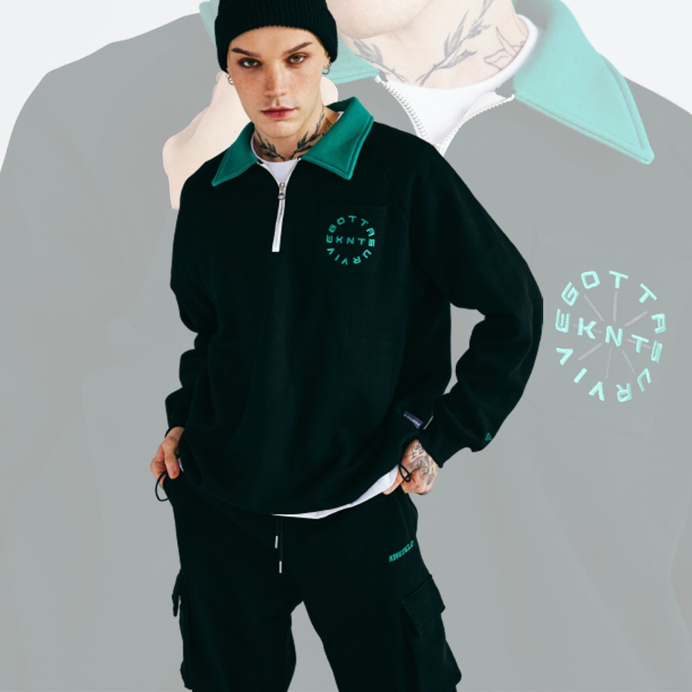 [UNISEX] [男女兼用] STRING HALF ZIP-UP MTM OVERFIT 裏起毛 ストリング ネック ジップアップ マンツーマン オーバーサイズ