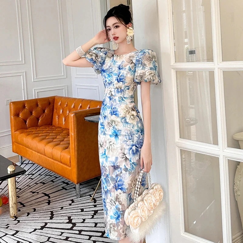 夏 花柄ワンピース フリル袖 ブルー ドレス パーティー 着痩せ 大人 お呼ばれ 同窓会 披露宴 卒業式 結婚式 ウェディング 二次会 成人式