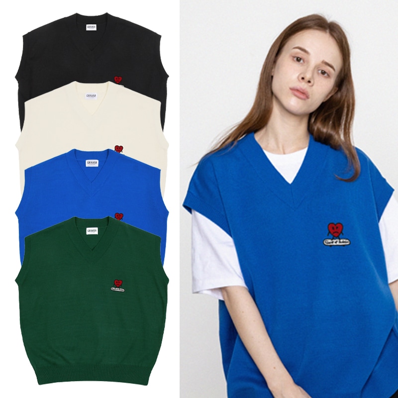 [UNISEX]Heart board embroidery knit vest_4color