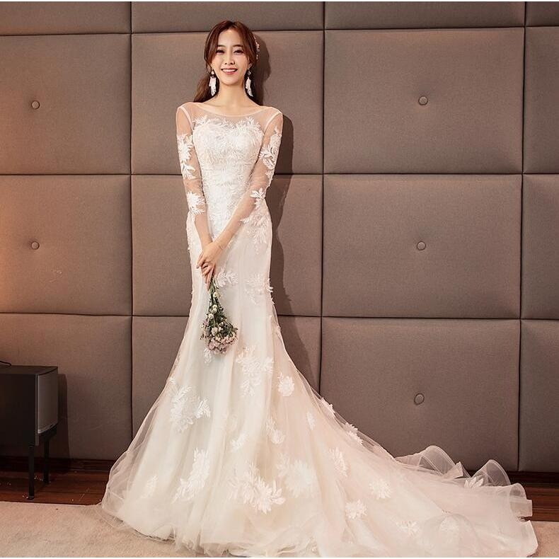 ウエディングドレス 白 花嫁 長袖 結婚式 マーメイドラインドレス レース 二次会 マーメイドライン ロングドレス パーティードレス 披露宴 オフショルダー