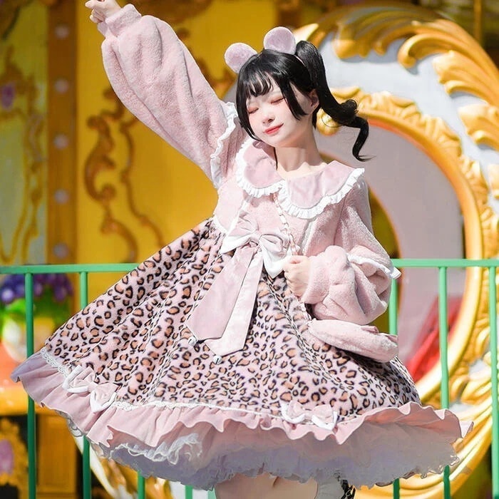 【急速出荷】秋冬 2点セット ロリータ ワンピース バッグ フリース 長袖 ロリィタ リボン 厚手 防寒 ふんわり かわいい ボア 暖かい あったか レディース 柔らかい ワンピ ロリータファッション