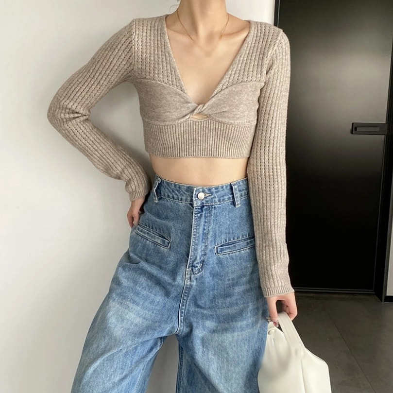 クーポン セクシー ニット レディース 長袖 セーター トップス Vネック ショート丈 タイト リブニット インナー 薄手 キレイめ 無地 カジュアル OL オフィス 通勤 通学 おしゃれ 大人可愛い