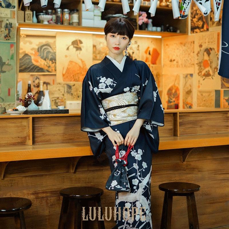 夏祭り 梅の花 盆踊り 古典柄 単衣着物 レディース ゆかた 浴衣 夏着物 花火大会 シック 女性 大人っぽい 単品 ブラック