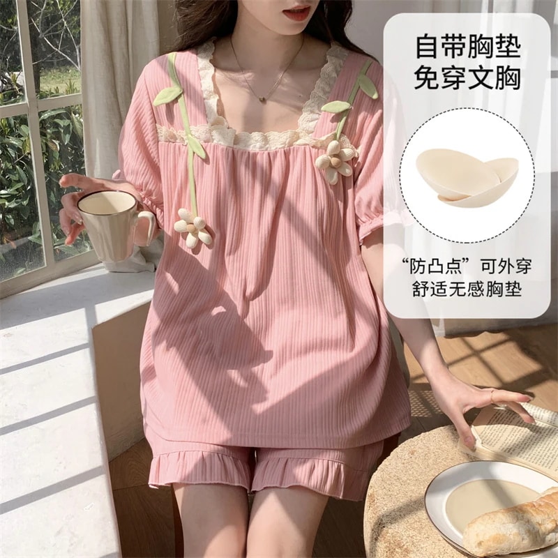 【超お得1つ買うと10個もらえる】メガ割夏パジャマ 胸パッド付き薄いセクション半袖パジャマ女性夏の漫画レジャー緩いホームウェアスーツは外に着用することができます 空調服