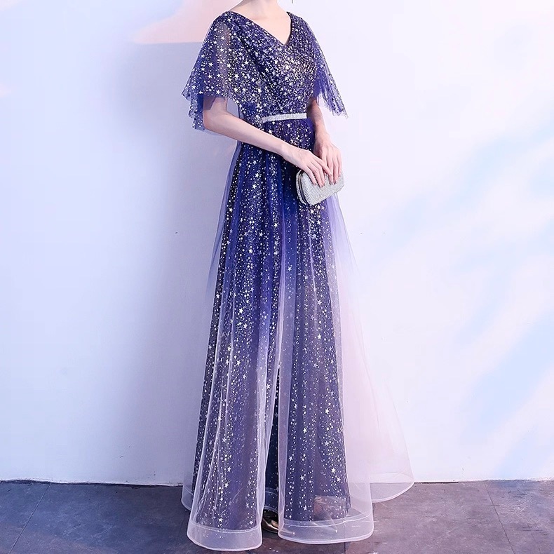 ドレス ウェディング パーティー 結婚式 二次会 披露宴 演奏会 発表会 ステージ 舞台 ダンス 衣装 コスプレ コスチューム 演劇 マキシ 5分袖 フレアスリーブ Vネック プリンセスライン