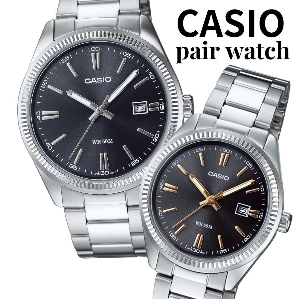 カシオ ペアウォッチ 2本セット CASIO 腕時計 ブラック文字盤 シルバー メタルバンド 日付表示 日常生活防水 カップル 夫婦 記念日 プレゼント ペア ギフト MTP-1302PD-1A1 V