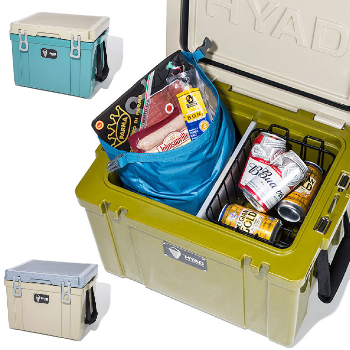 HYAD クーラーボックス 小型 釣り 27R 25.5L 保冷 350ml缶40本収納 大容量 仕切り板 バスケット キャンプ用品 アウトドア スクエア形状 1泊2日 コンパクト コスパ スポーツ