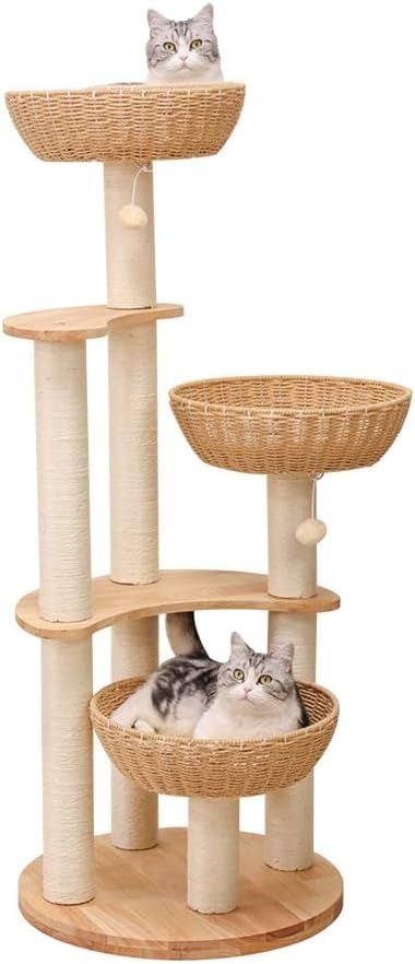 キャットタワー 木製 【天然木使用】 大型 据え置き 大型猫 おしゃれ ラバーウッド 手編みカゴ インテリア性 多頭飼い スリム 夏冬兼用 見晴台付き 猫タワー 宇宙船 クリアボウル 中型猫 爪研ぎ