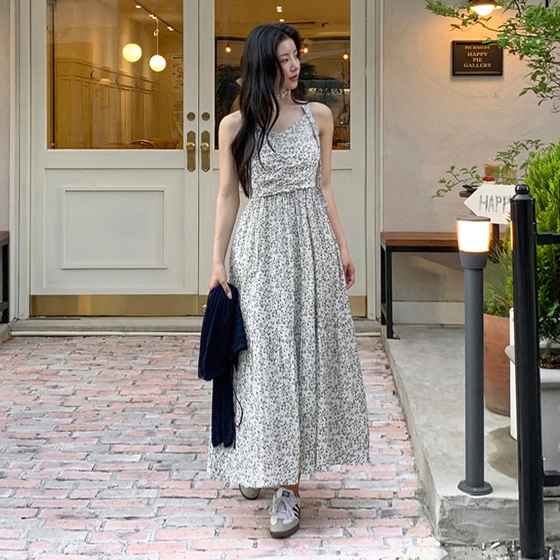 [top0637] 韓国ファッションストラップ フラワー スリーブレス ロング ワンピース