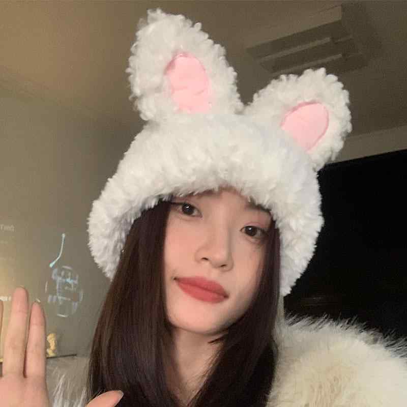 帽子 レディース 秋冬 かぶりもの アニマル ウサギ 耳 暖かい 小顔効果 防寒 パーティー ハロウィン コスプレ 衣装 かわいい 黒 白 グレー