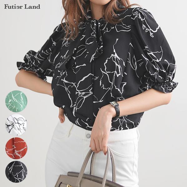 ブラウス シャツ花柄 線画 半袖 パワショル バルーンスリーブ バルーン袖 通勤 オフィスカジュアル 韓国 / フラワー柄パワショルリボンブラウス 4,679円