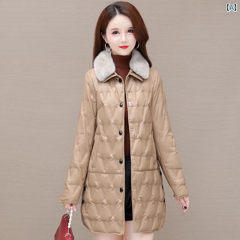 ジャケット ダウンジャケット レディース 毛皮 襟 革 ミドル丈 ダウン 女性 冬 暖かい ホワイトダックダウン
