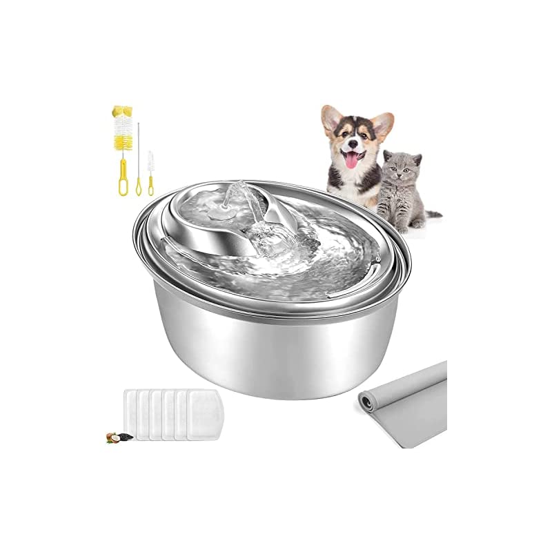 猫犬自動給水器 ステンレス 3L 循環式 ポンプ低圧安全 6枚フィルター付 多頭飼い対応 留守番対応