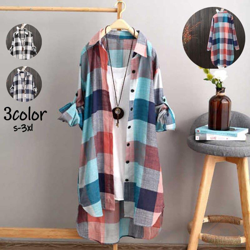 チェックシャツ シャツ ロングシャツ ロングブラウス レディース 長袖 チェック柄 トップス カジュアル 春秋 着痩せ きれいめ おしゃれ バレンタイン 2023 プレゼント