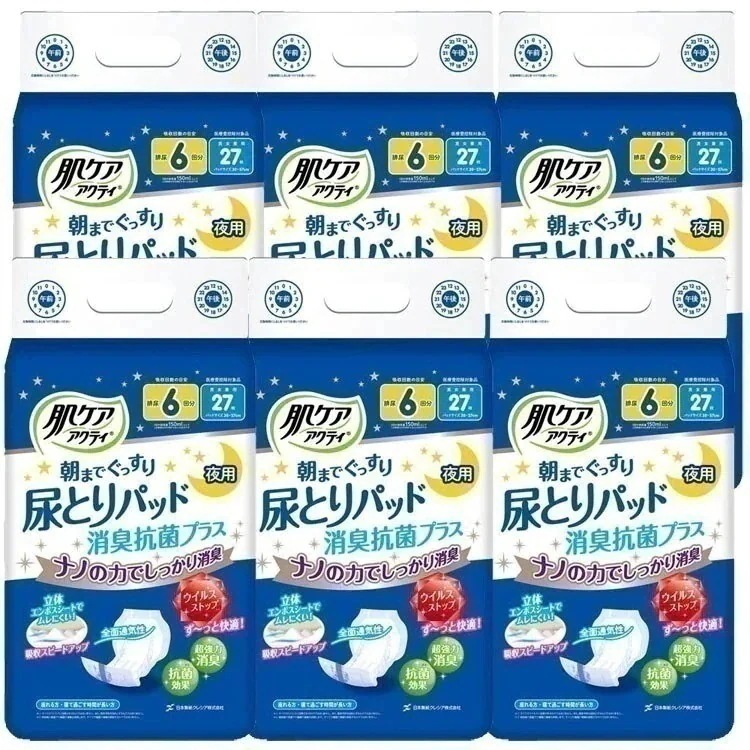 【人気商品】【6個セット】日本製紙クレシア 肌ケア アクティ 大人用紙おむつ 尿とりパッド 消臭抗菌プラス 6回分吸収 27枚 80493 日本製紙クレシア (D)