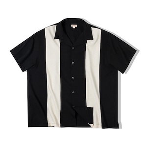 メンズ　シャツ ブラウス 異素材コンビ キューバカラー 半袖シャツ ハイブリッドルーズシャツ ルーズシンセティックリネンオーバーシャツ　ブラック　黒