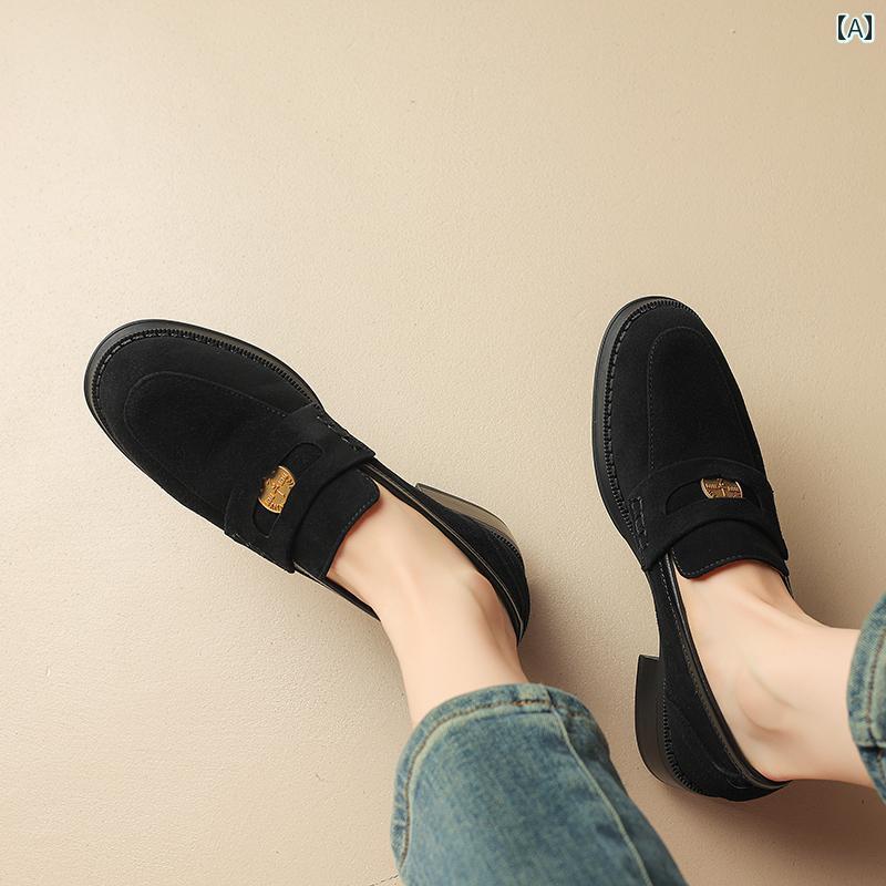 ローファー レディース オフィス 女性用 シープ ターン ファー シングル シューズ 太い ヒール ベルベット 暖かい ビーニー シューズ 通勤 茶色 金貨 小さい 革靴