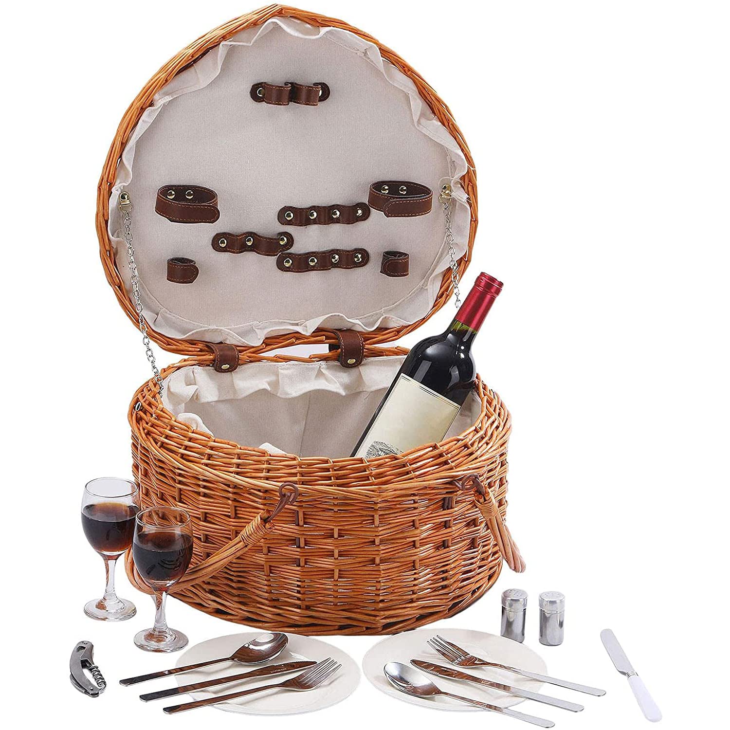 MUJIE ピクニックバスケット 枝編み細工品収納バスケット ハンドルと食器付きのハート型ピクニックバスケット キャンプ アウトドア バレンタインデー クリスマス 感謝祭 誕生日アクティビティ