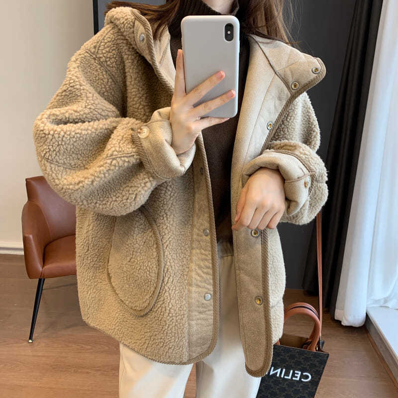 ラムウールのコート女性の秋冬の新毛むくじゃら韓国版ゆったりと厚くて痩せて見えるフード付き洋風トップスウォーム ジャケット