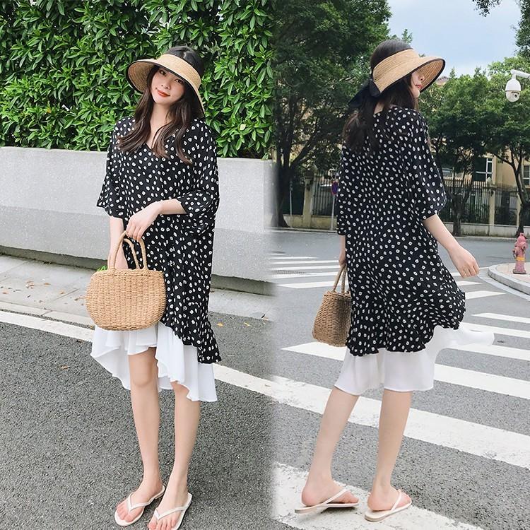 ワンピース レディース キレイめ ルロング丈 フリル袖 ワンピース ドレス 春夏 ドット柄 五分袖 ロング Vネック ケーキスカート 韓国風 ゆったり 通勤 OL